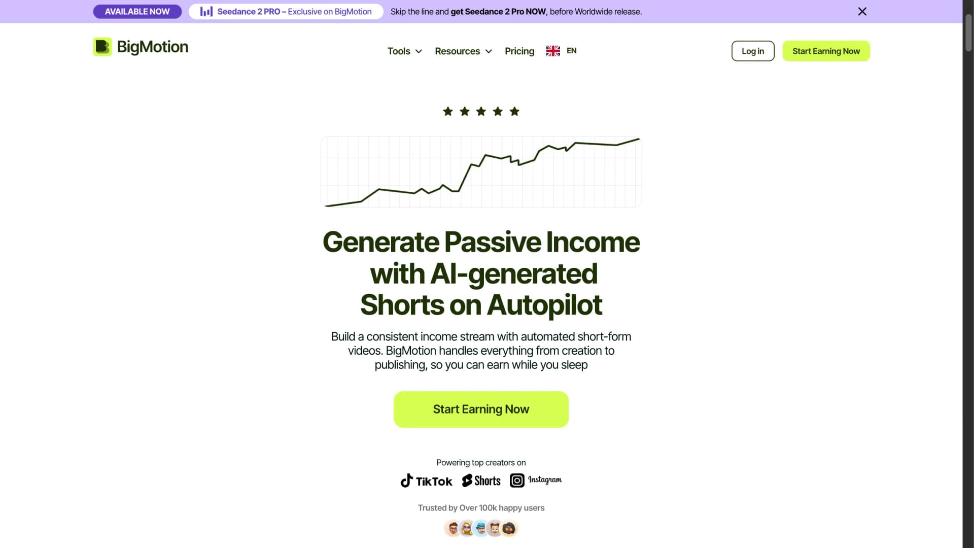 BigMotion AI homepage showing claim of 100,000 active users — April 2026