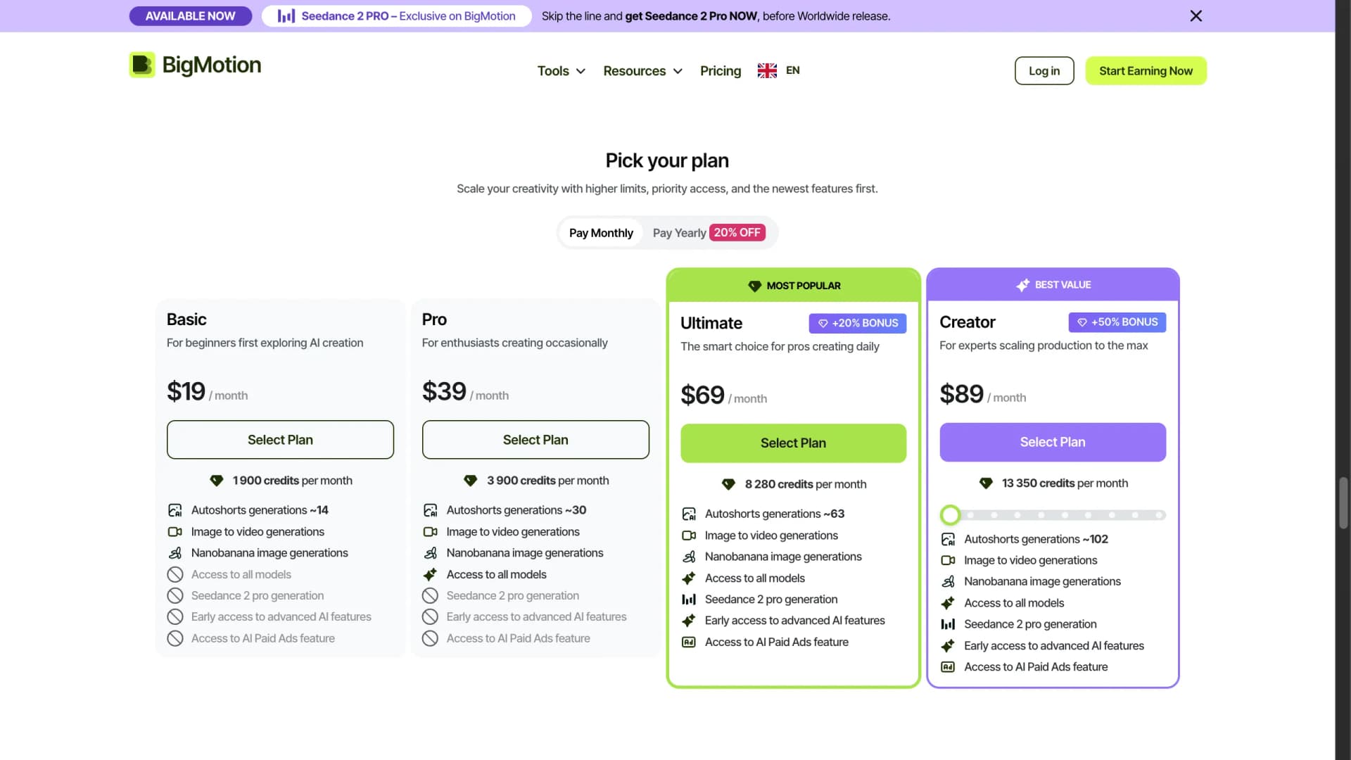 BigMotion AI pricing page four plans from 19 to 89 dollars per month — April 2026