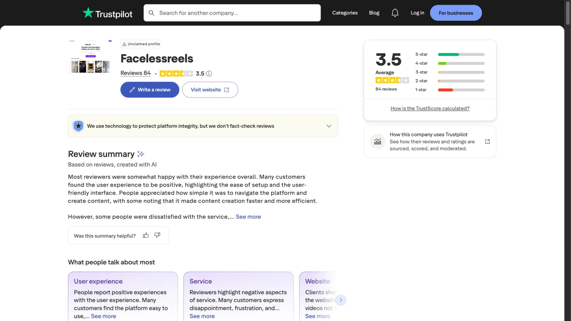 FacelessReels.com Trustpilot rating 3.1 out of 5 from 74 reviews — April 2026