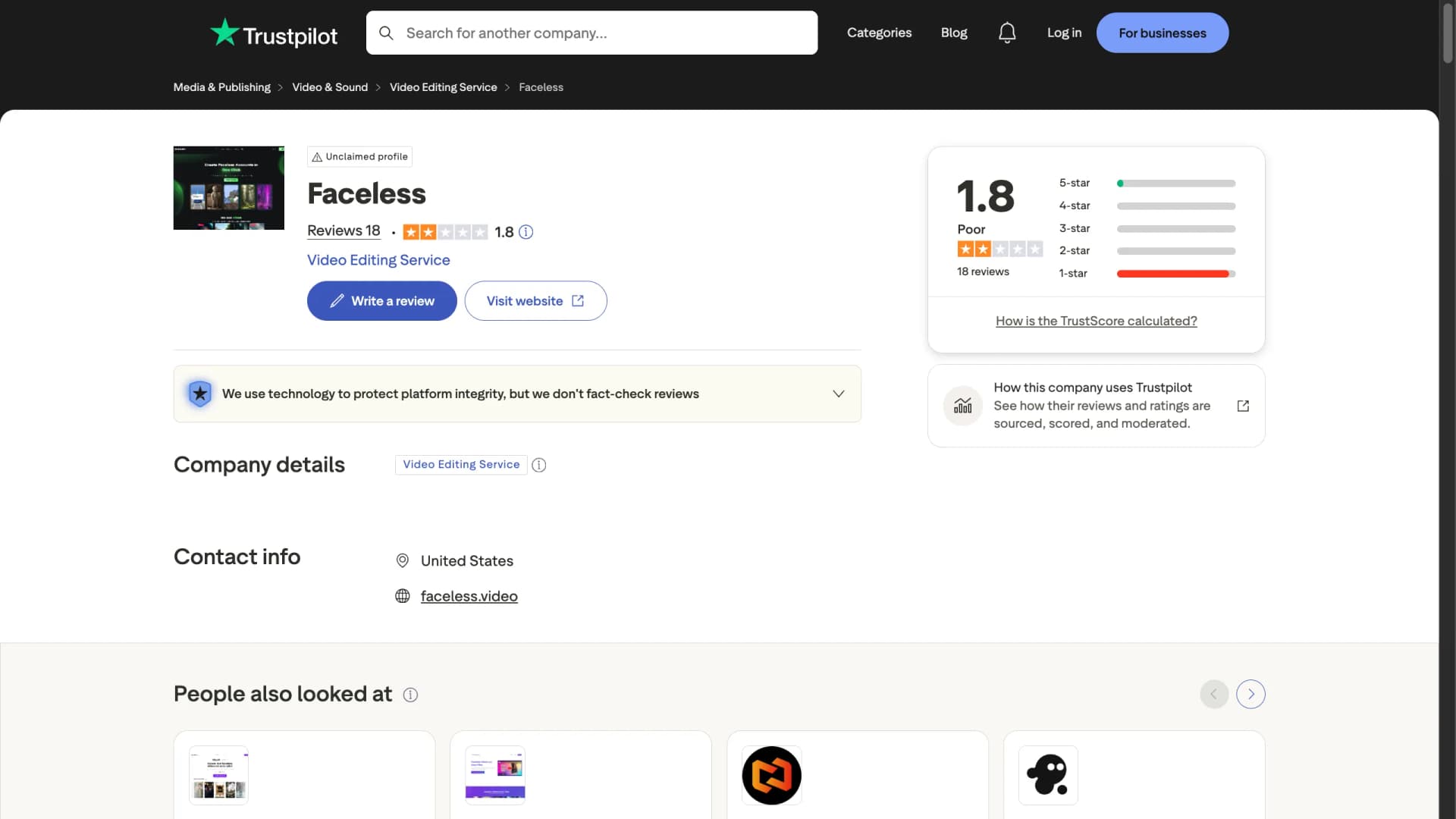 Faceless.video Trustpilot rating 1.8 out of 5 from 18 reviews — April 2026