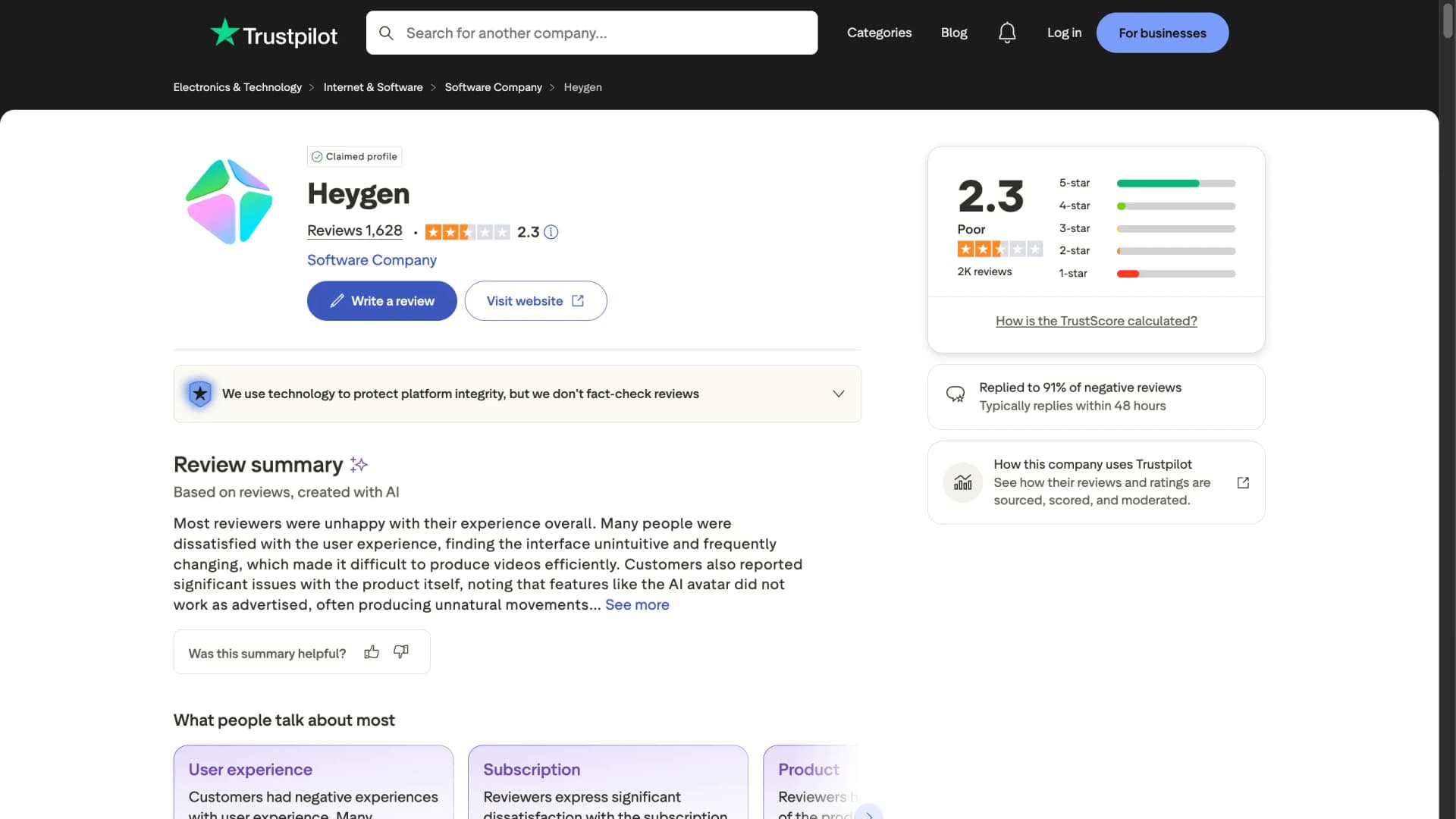 HeyGen Trustpilot rating 2.3 out of 5 from 1,623 reviews — April 2026