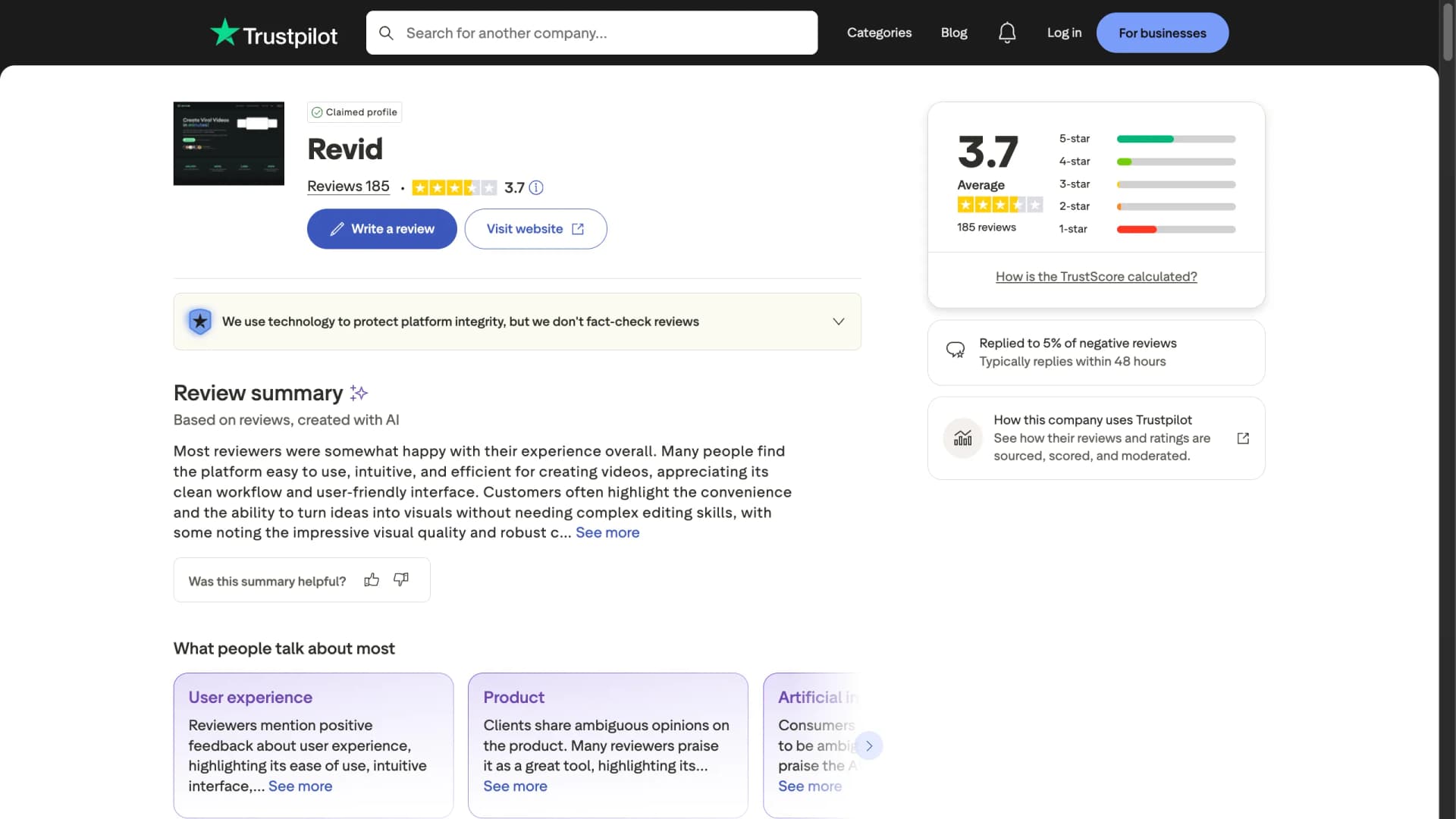 Revid Trustpilot rating 3.7 out of 5 from 184 reviews — April 2026
